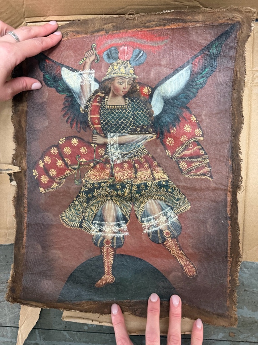 Vintage Religious Archangel Painting Oil on Canvas Folk Art